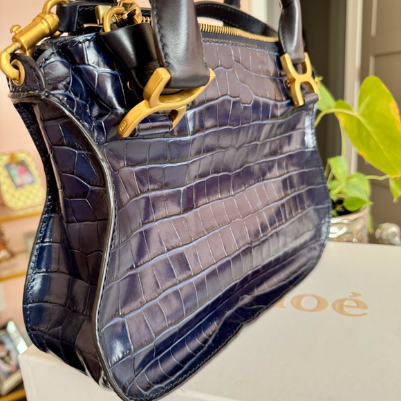 Chloé Navy Embossed Crocodile Leather Top Handle Bag w/Shoulder strap - Picture 4 of 10